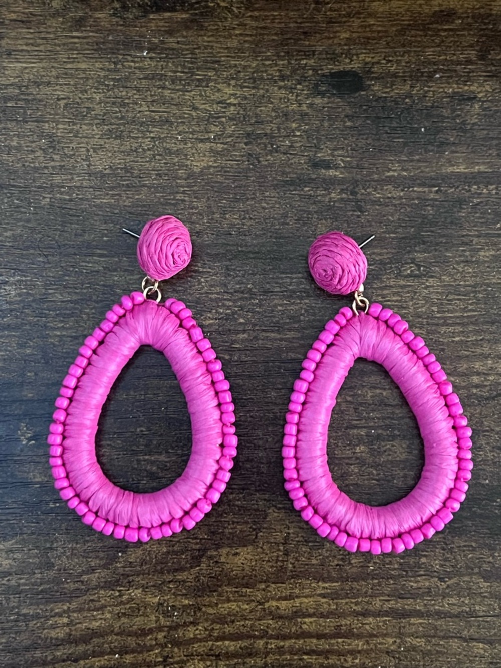 Hot Pink Teardrop Raffia Beaded Earrings - Women Jewelry